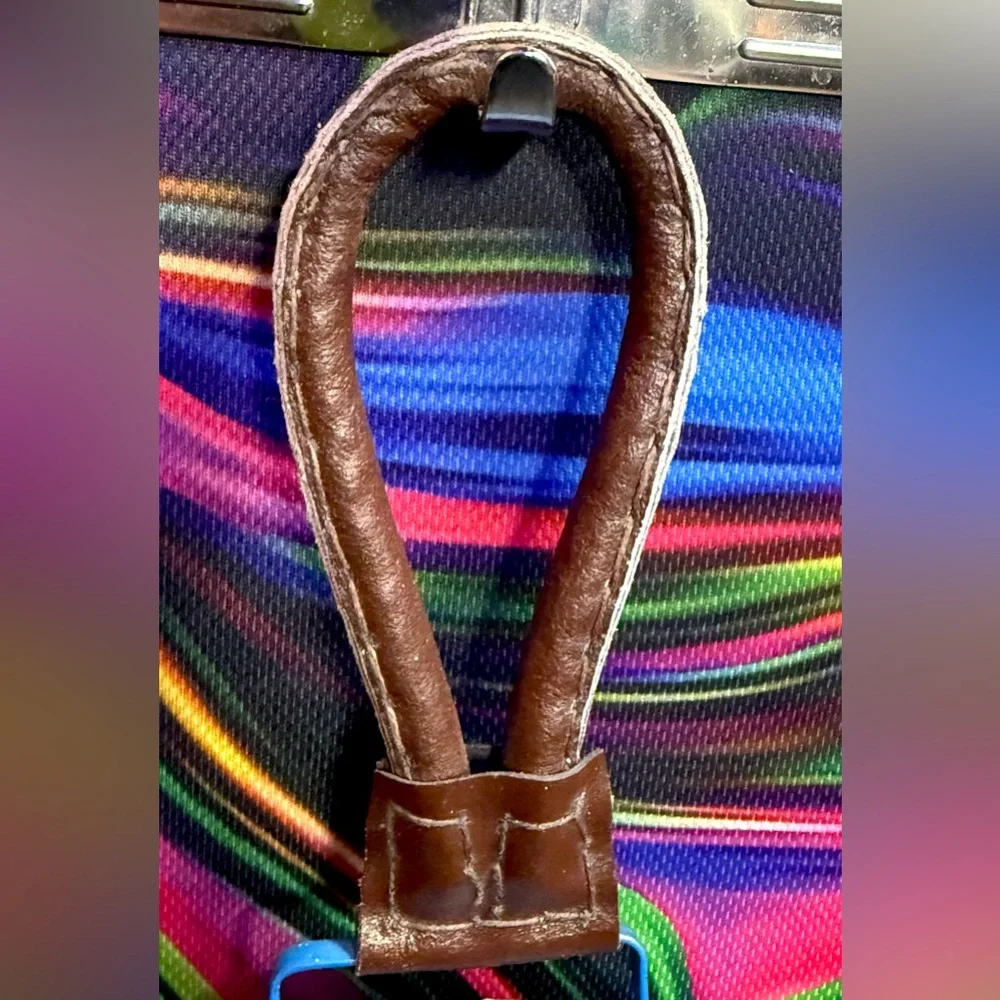 Hand Painted Blue Metal Bell Leather Handle Folk Art Rustic Cottagecore Decor